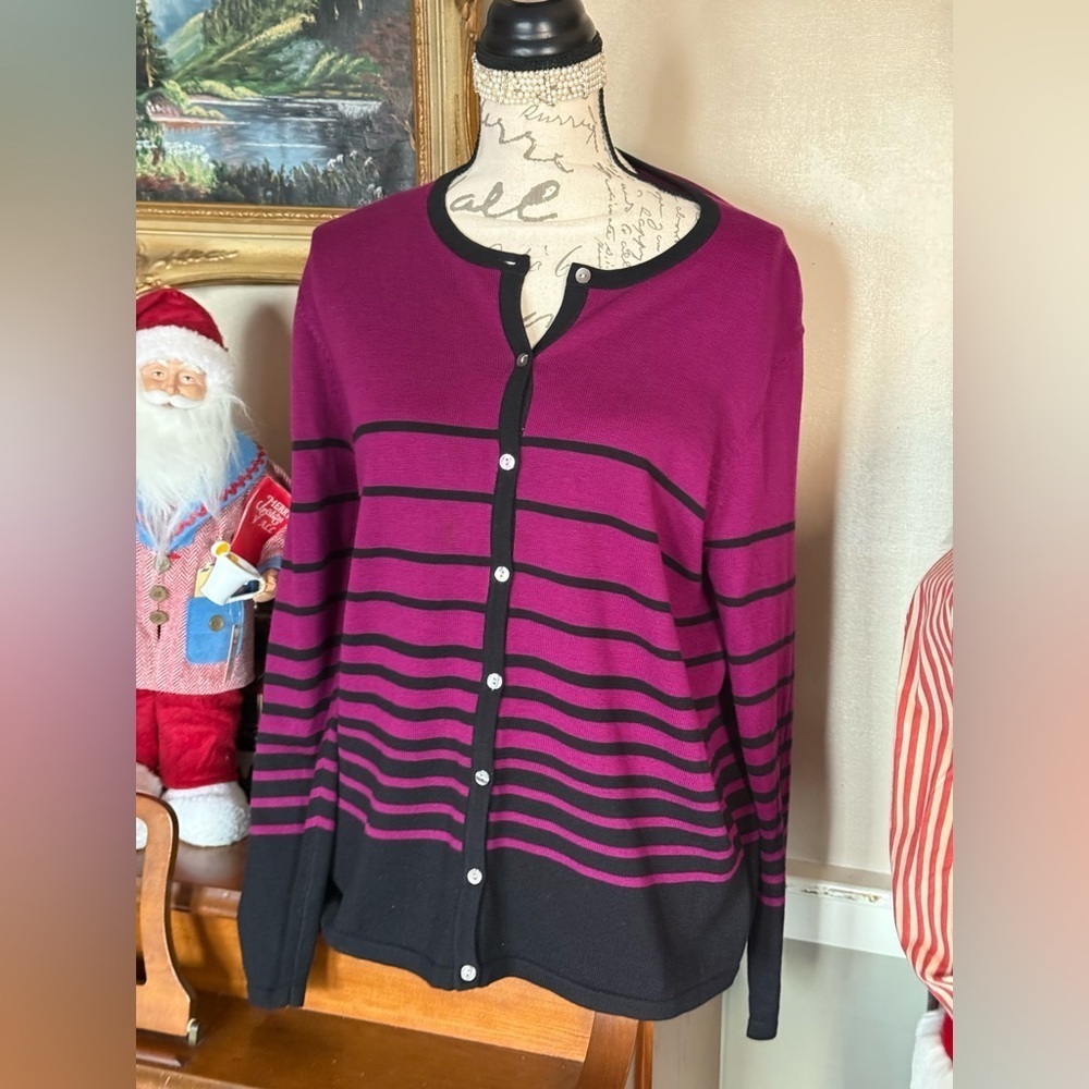Women's Striped Cardigan Sweater - Purple and Black